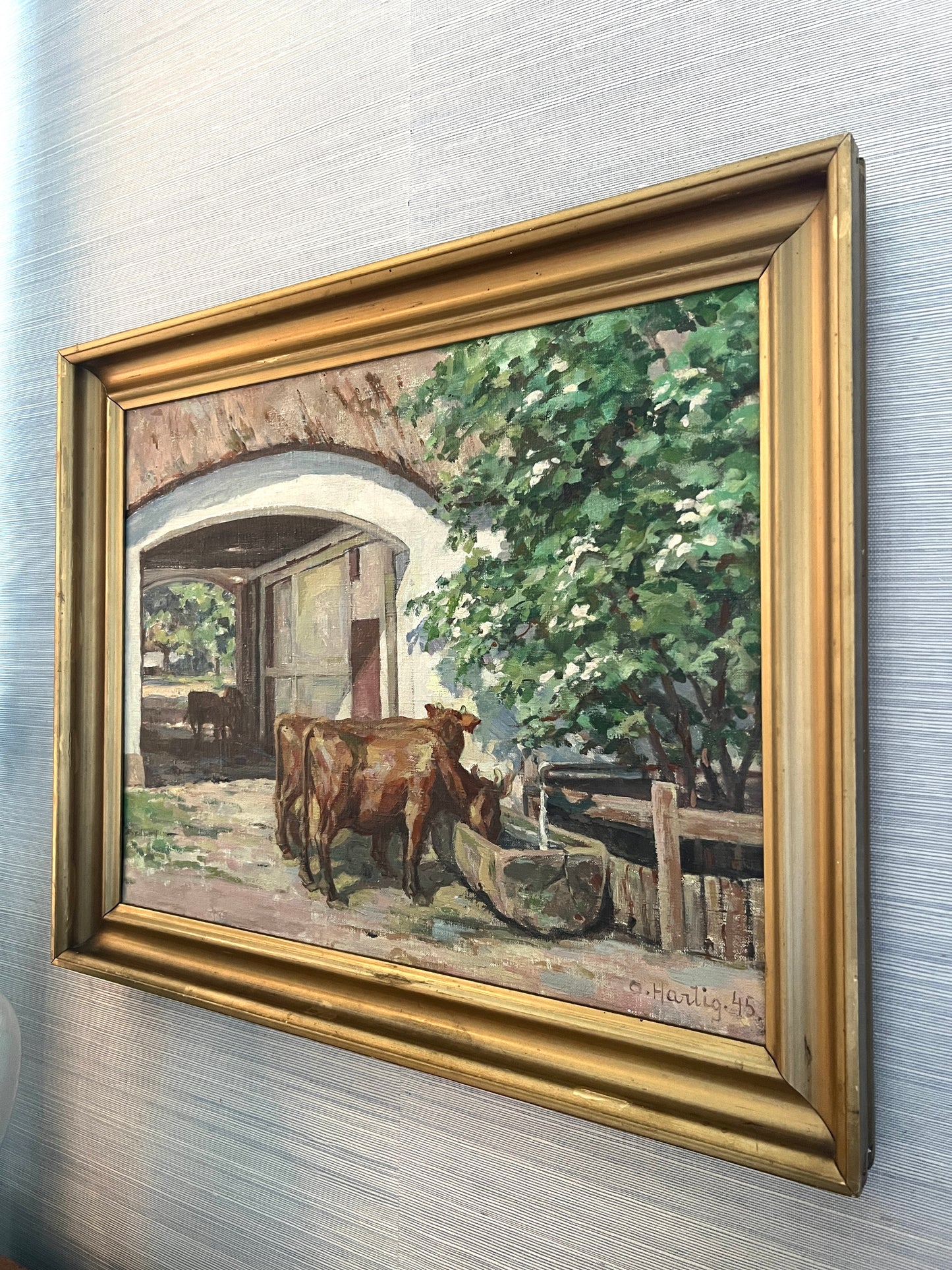 1945 Osvald Antonius Hartig Cows at Stone Barn Oil Painting in Gold Frame