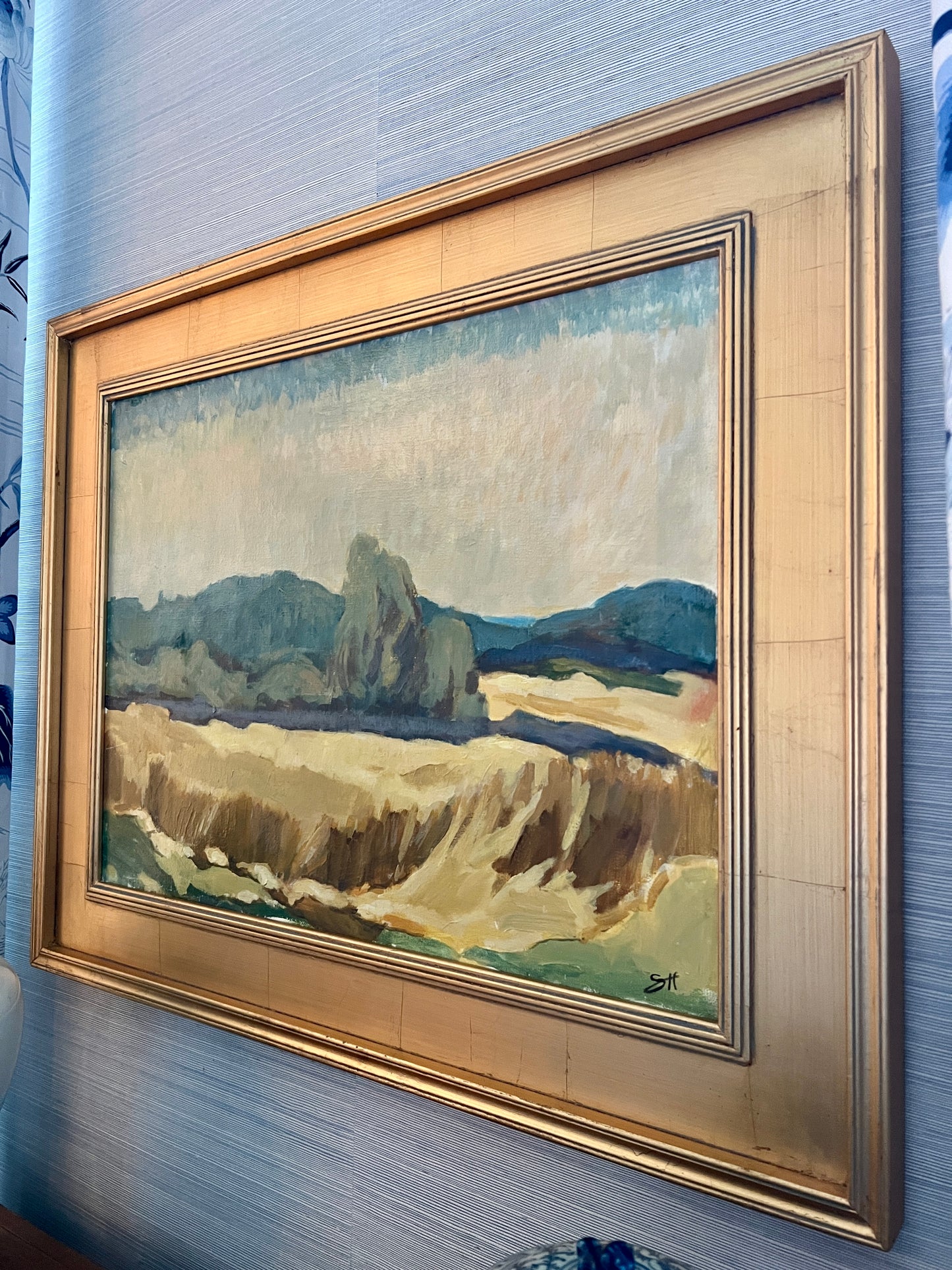 Impressionist Hay Field Landscape Oil Painting in Gold Frame