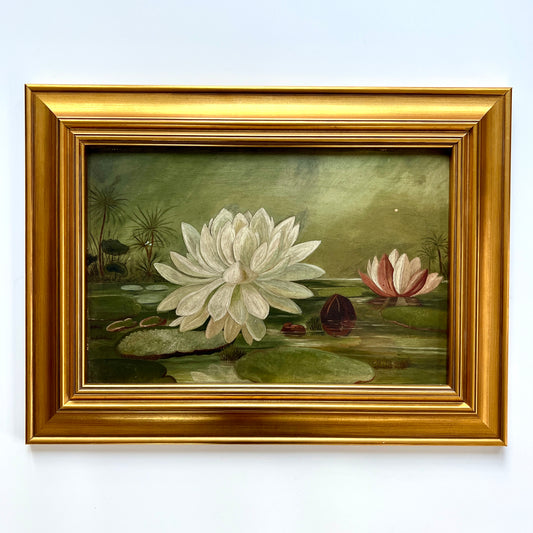 19th Century Lily Pads and Water Lilies Oil Painting in Gold Frame