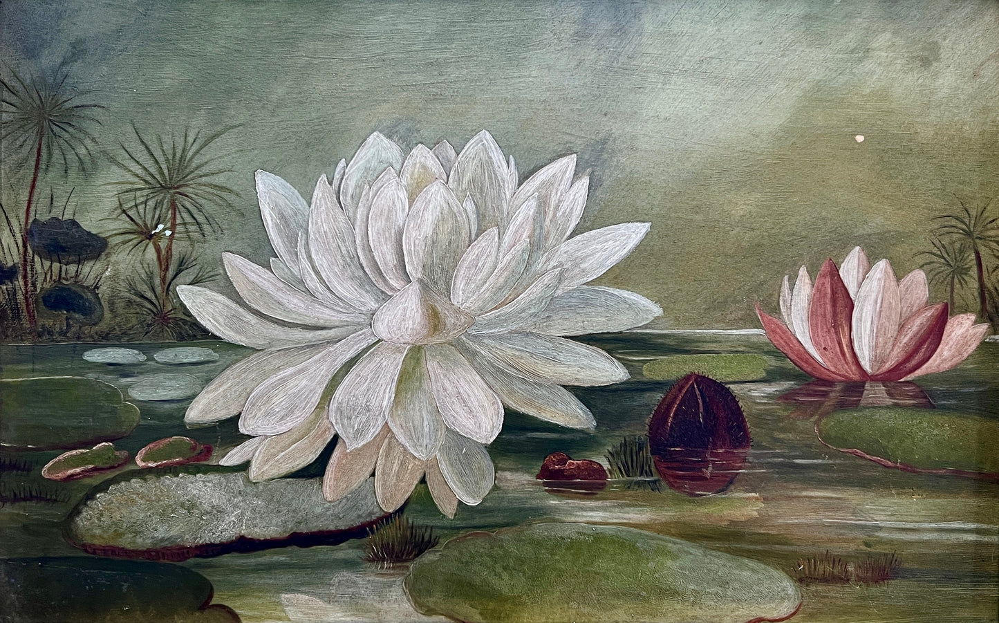 19th Century Lily Pads and Water Lilies Oil Painting in Gold Frame