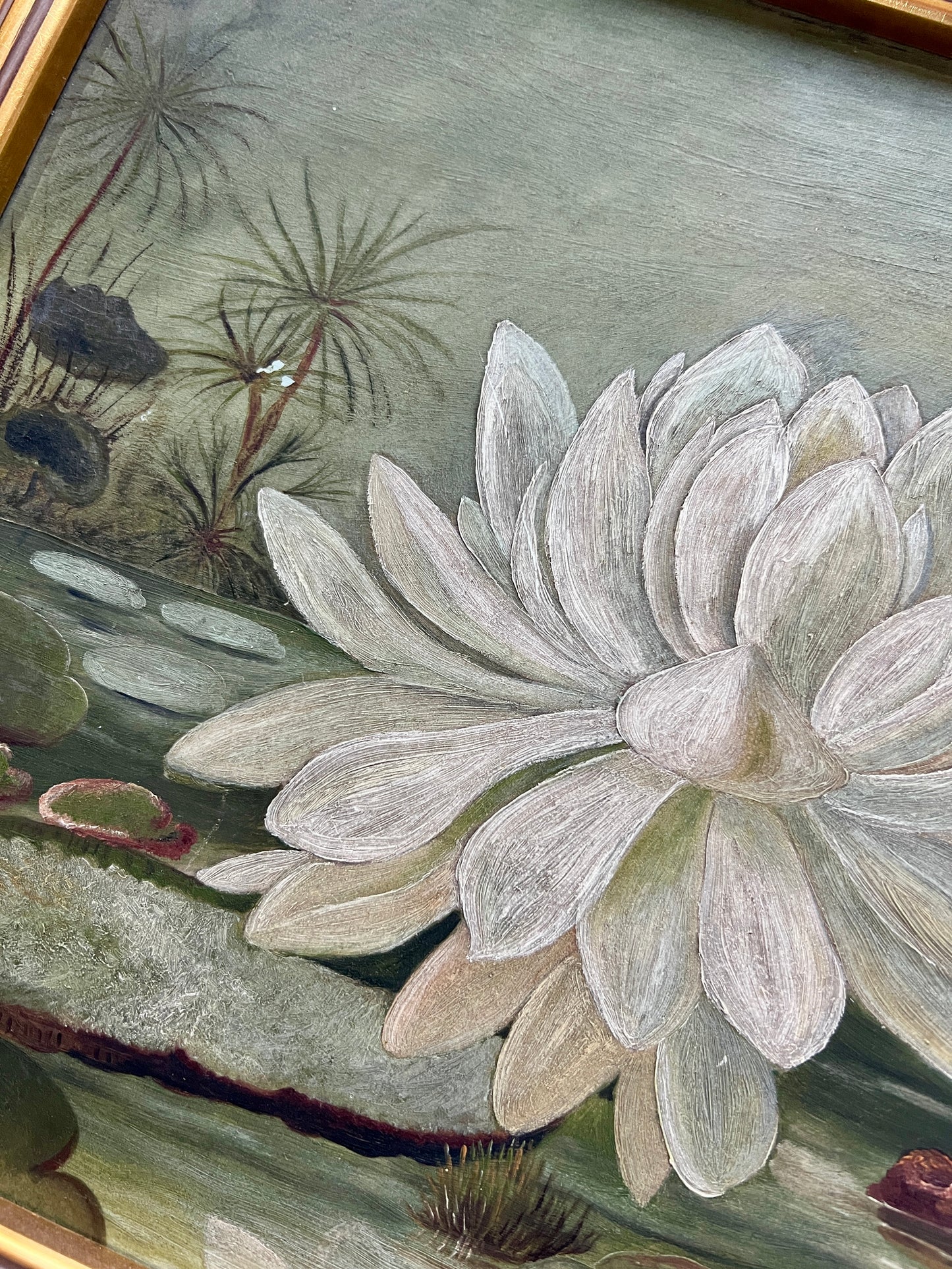 19th Century Lily Pads and Water Lilies Oil Painting in Gold Frame