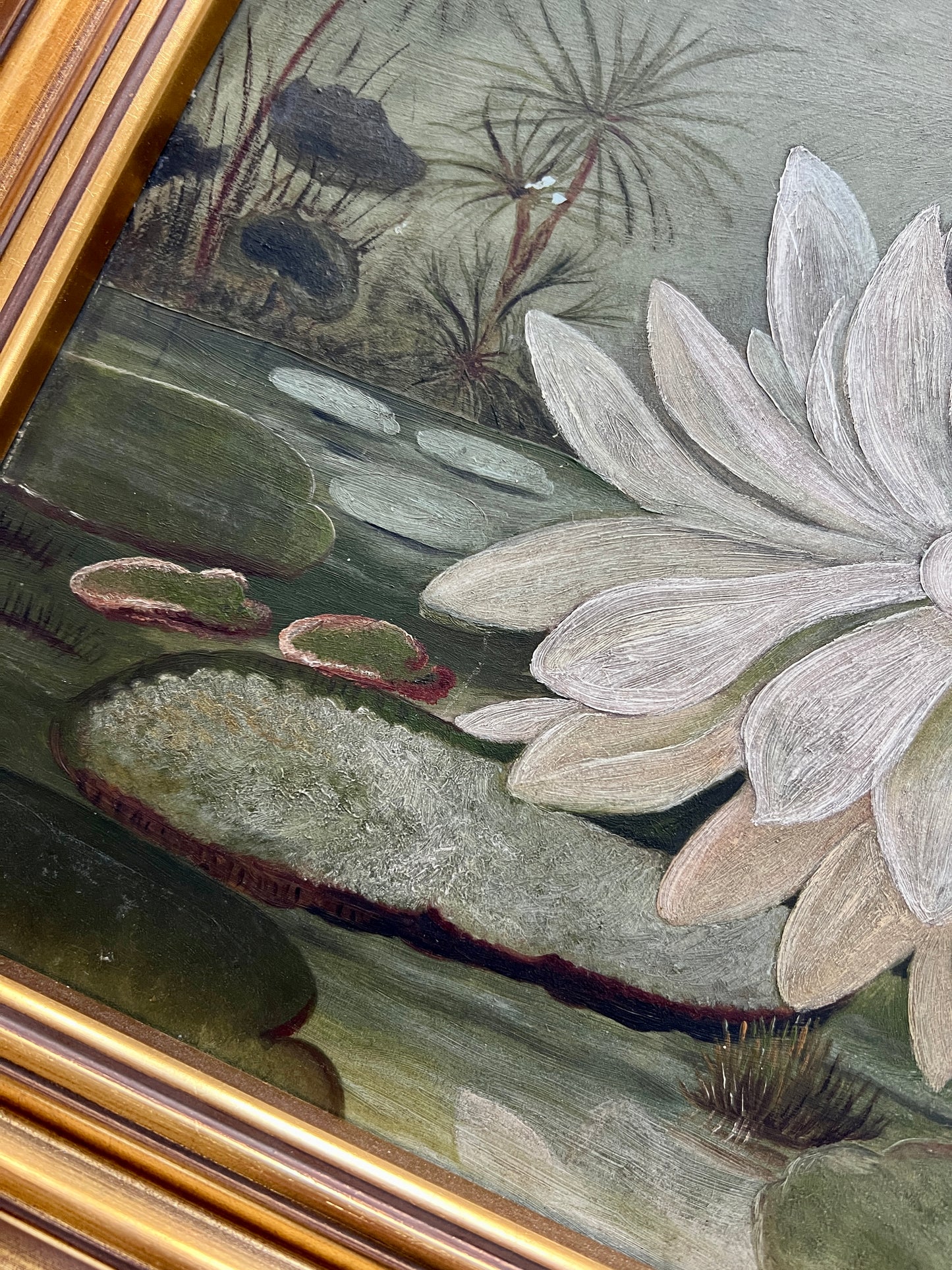 19th Century Lily Pads and Water Lilies Oil Painting in Gold Frame