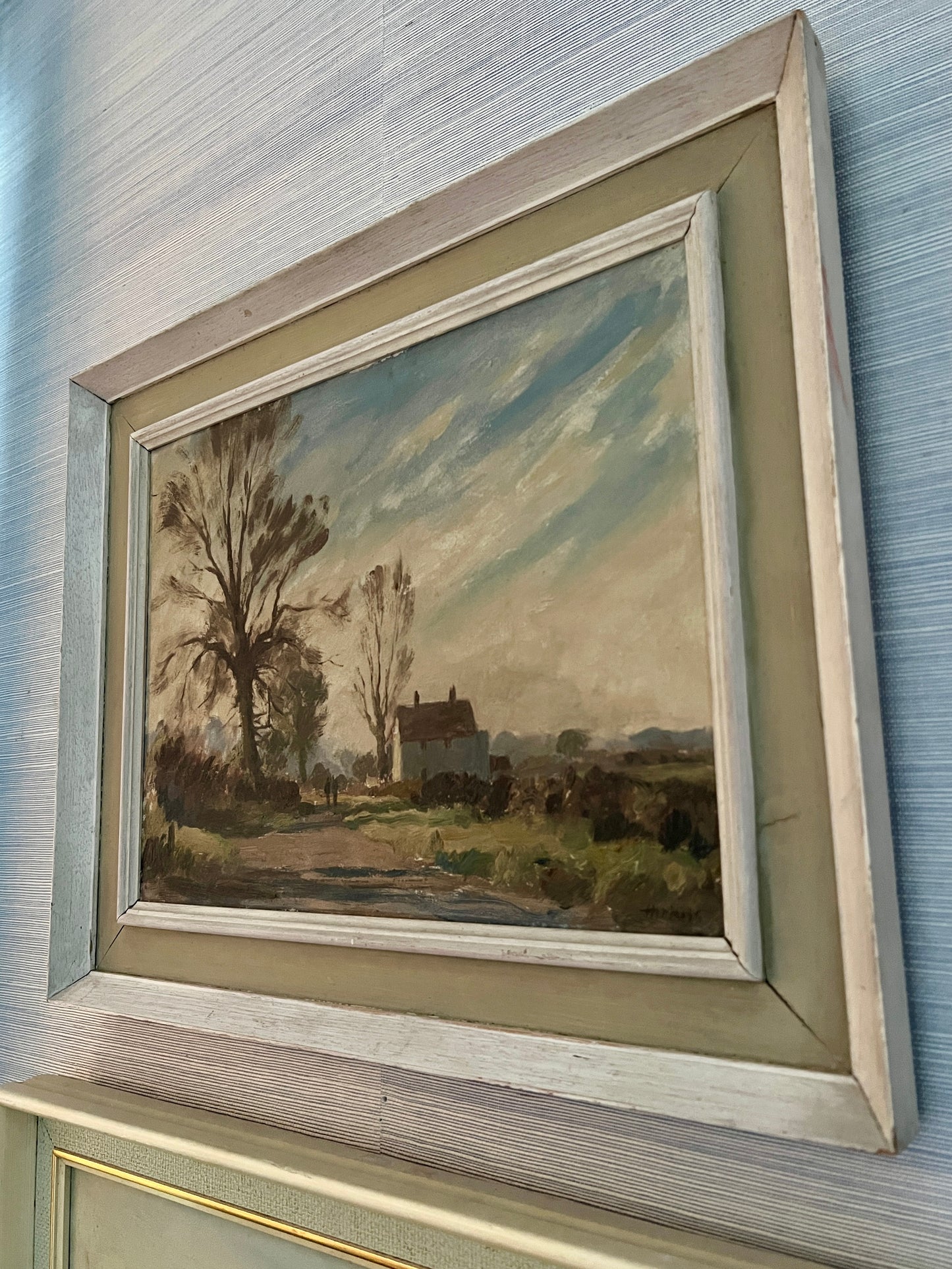 Vintage Walk in the Countryside Landscape Oil Painting in Wood Frame