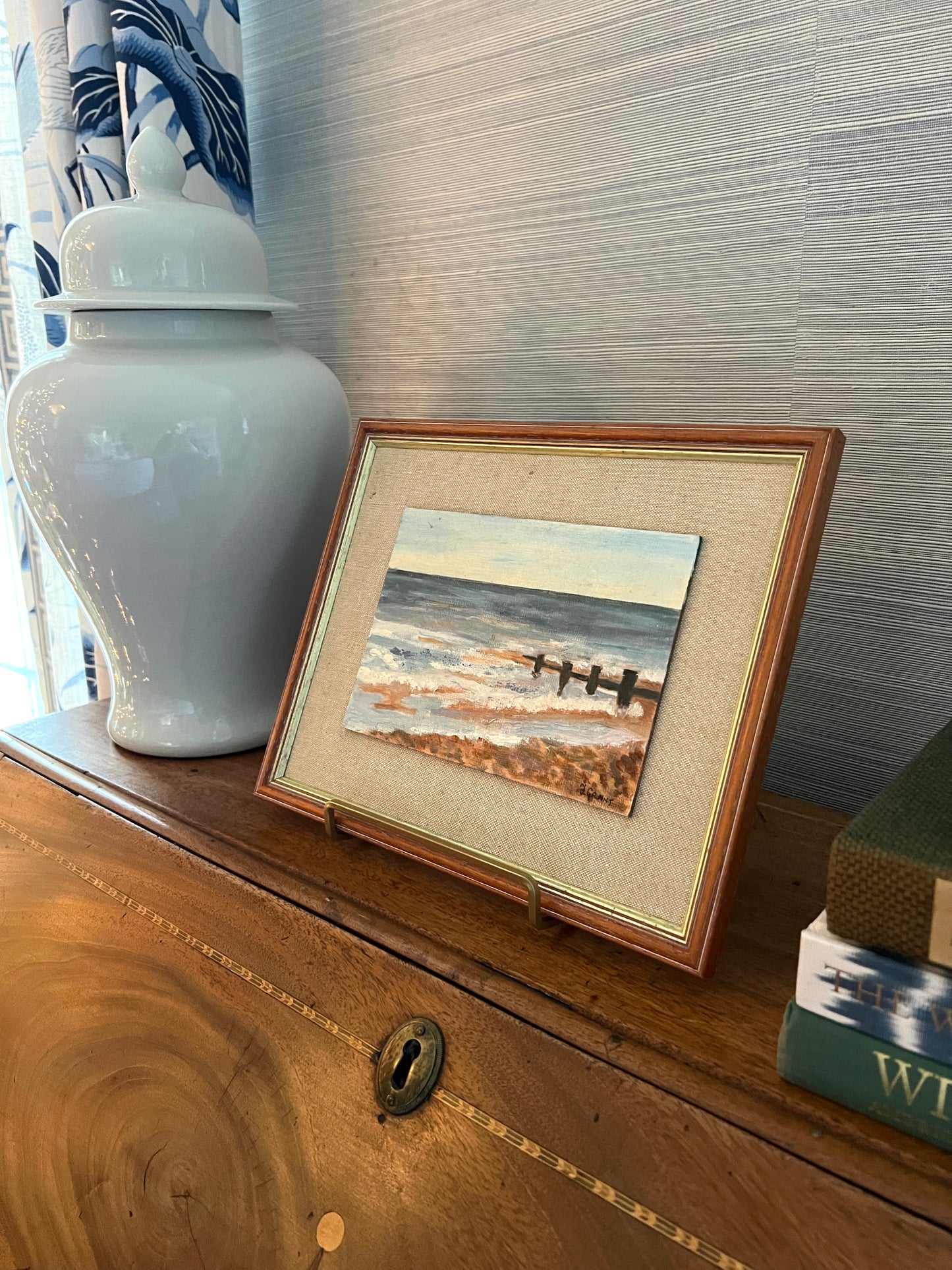 Vintage Coastal Scene Oil Painting in Wood Frame