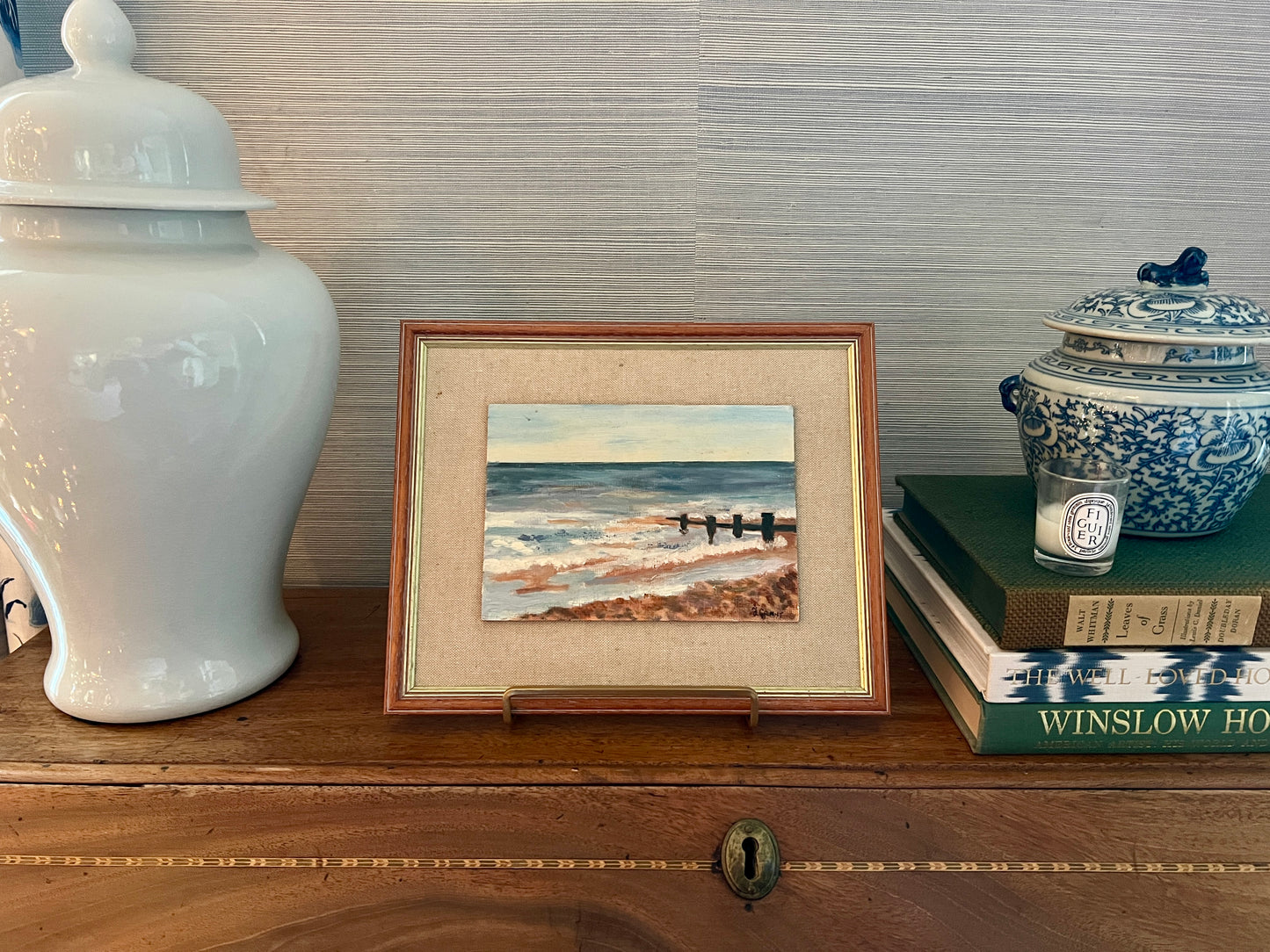 Vintage Coastal Scene Oil Painting in Wood Frame