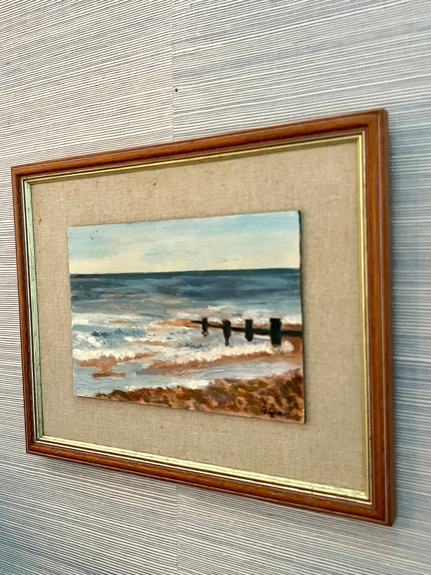 Vintage Coastal Scene Oil Painting in Wood Frame