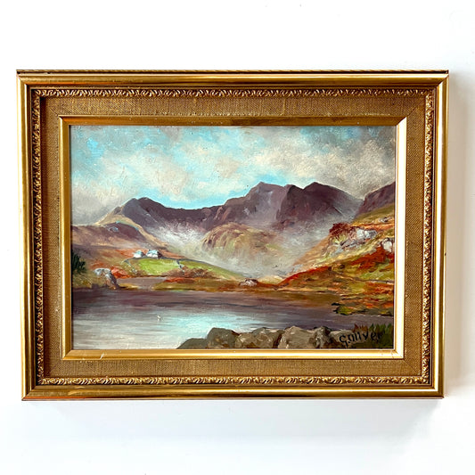 Vintage Mountain Lake Landscape Oil Painting in Gold Frame