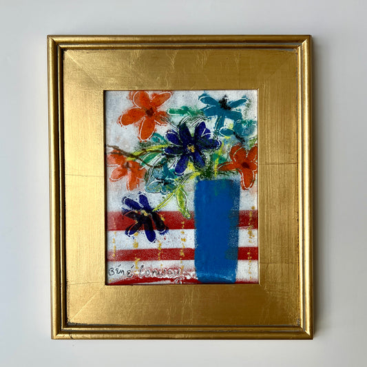 Mid Century Bene Conway Americana Red Striped Floral Still Life in Gold Frame