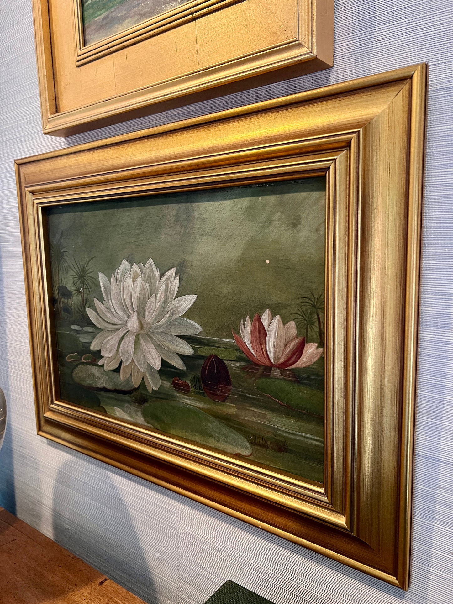 19th Century Lily Pads and Water Lilies Oil Painting in Gold Frame