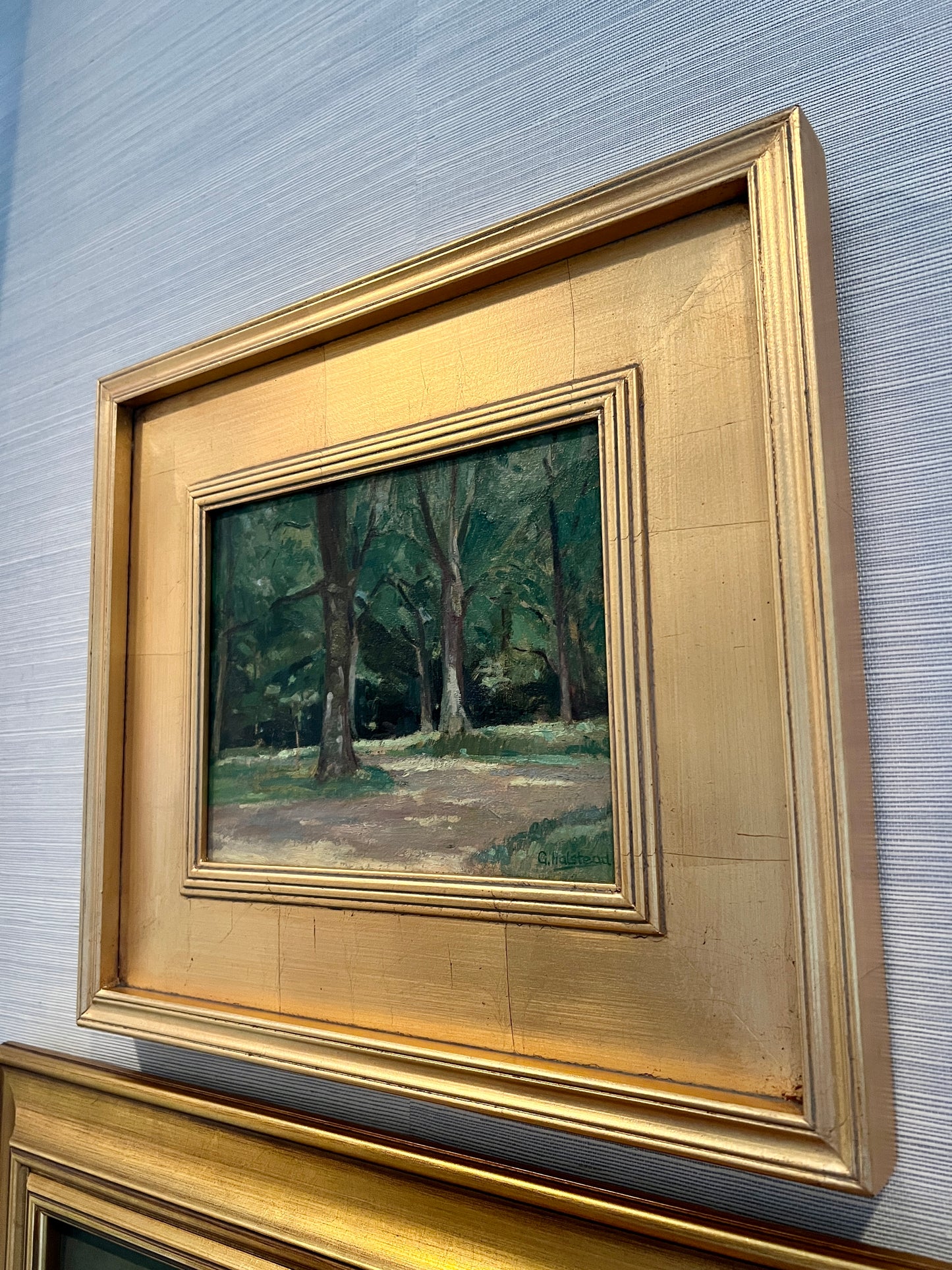 Vintage Impressionist Wooded Landscape Oil Painting in Gold Frame