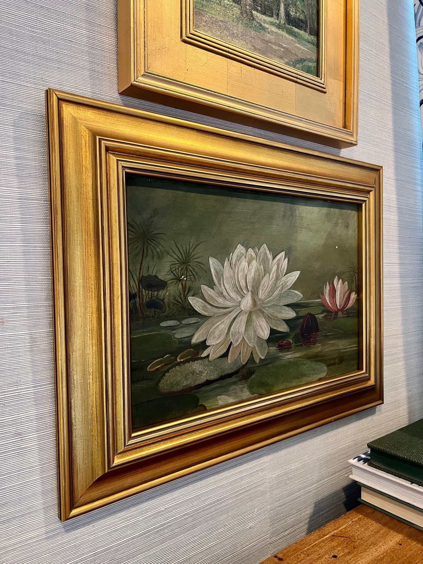 19th Century Lily Pads and Water Lilies Oil Painting in Gold Frame