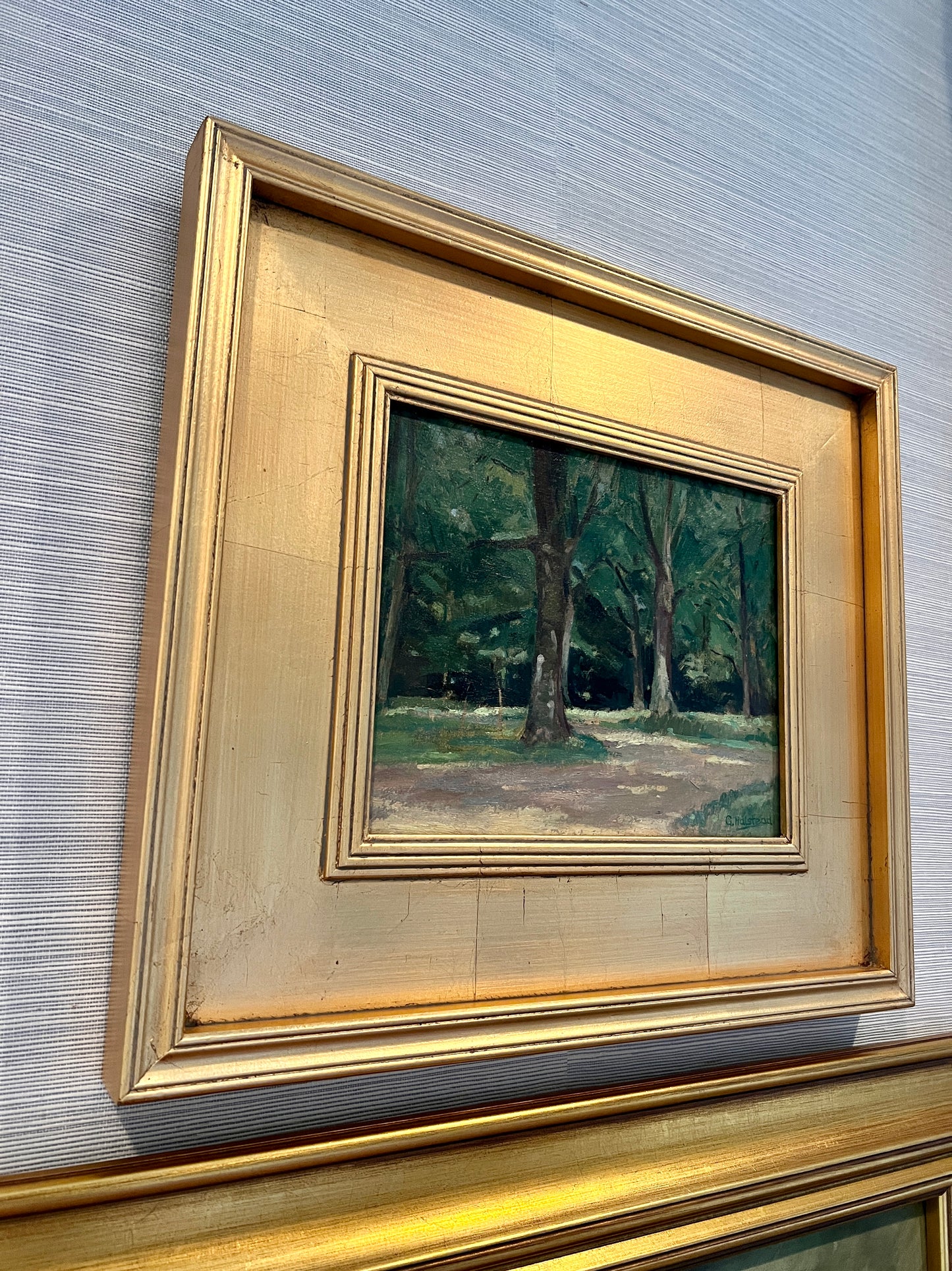 Vintage Impressionist Wooded Landscape Oil Painting in Gold Frame