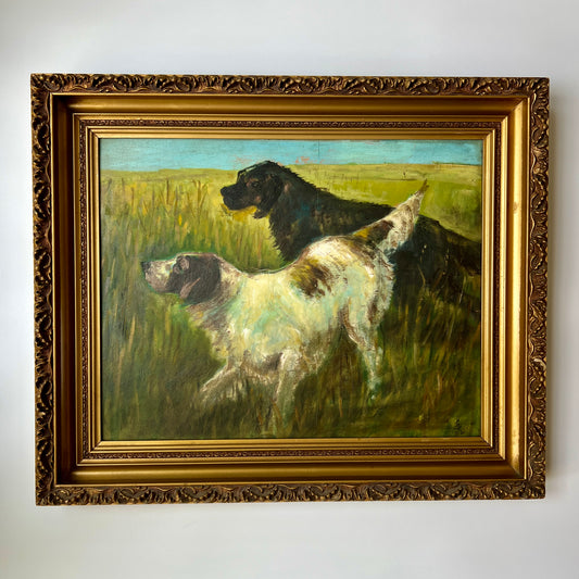 1932 English Setters Hunting Dogs Portrait Oil Painting in Ornate Gold Frame