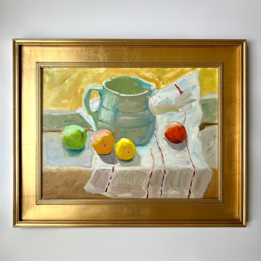 Large Impressionist Citrus Fruit and Pitcher Still Life in Gold Frame