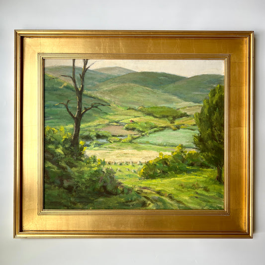 Large Vintage Impressionist Hillside Farm Landscape Painting with Red Barn in Gold Frame