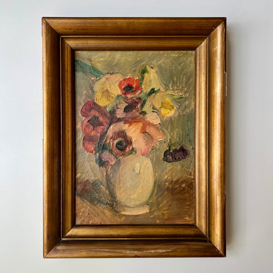 1925 Anenomes in Vase Floral Still Life Oil Painting in Original Gold Frame