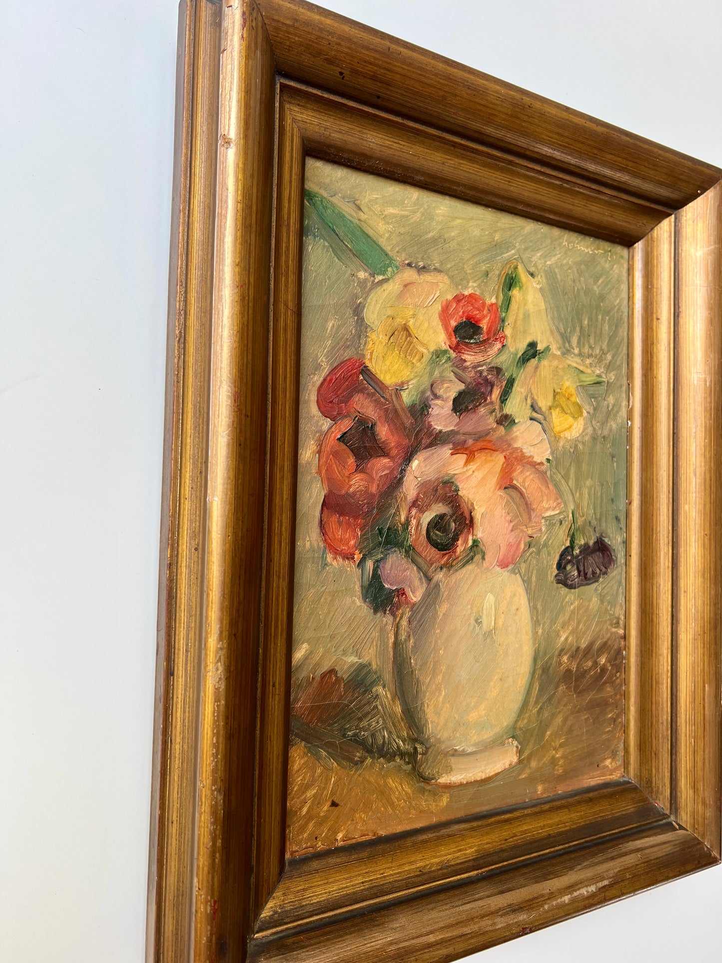 1925 Anenomes in Vase Floral Still Life Oil Painting in Original Gold Frame