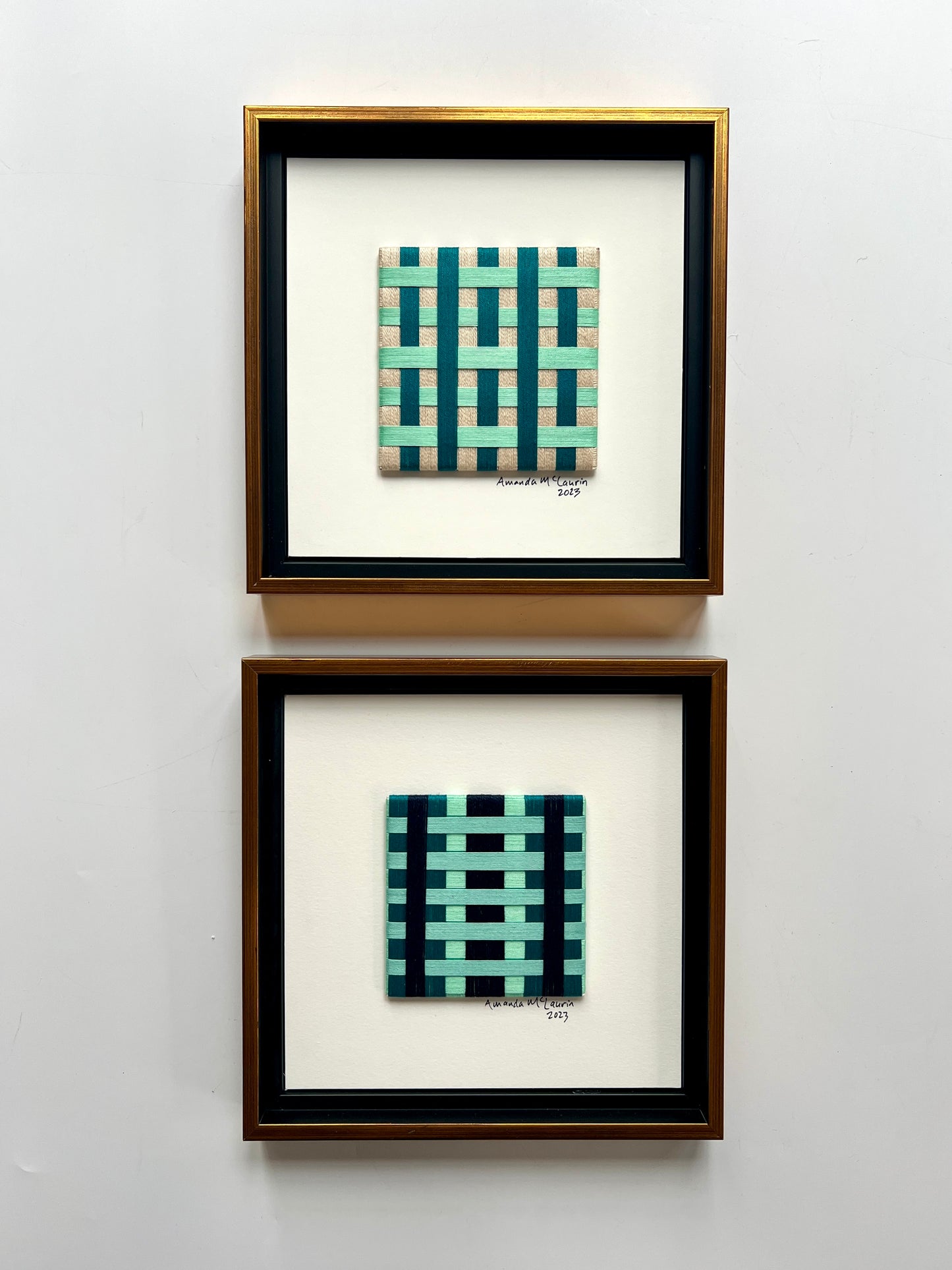 Amanda McLaurin Abstract Fiber Art Green and Navy Plaid in Gold Frame