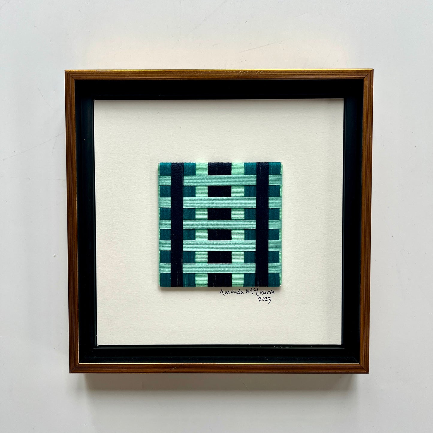 Amanda McLaurin Abstract Fiber Art Green and Navy Plaid in Gold Frame