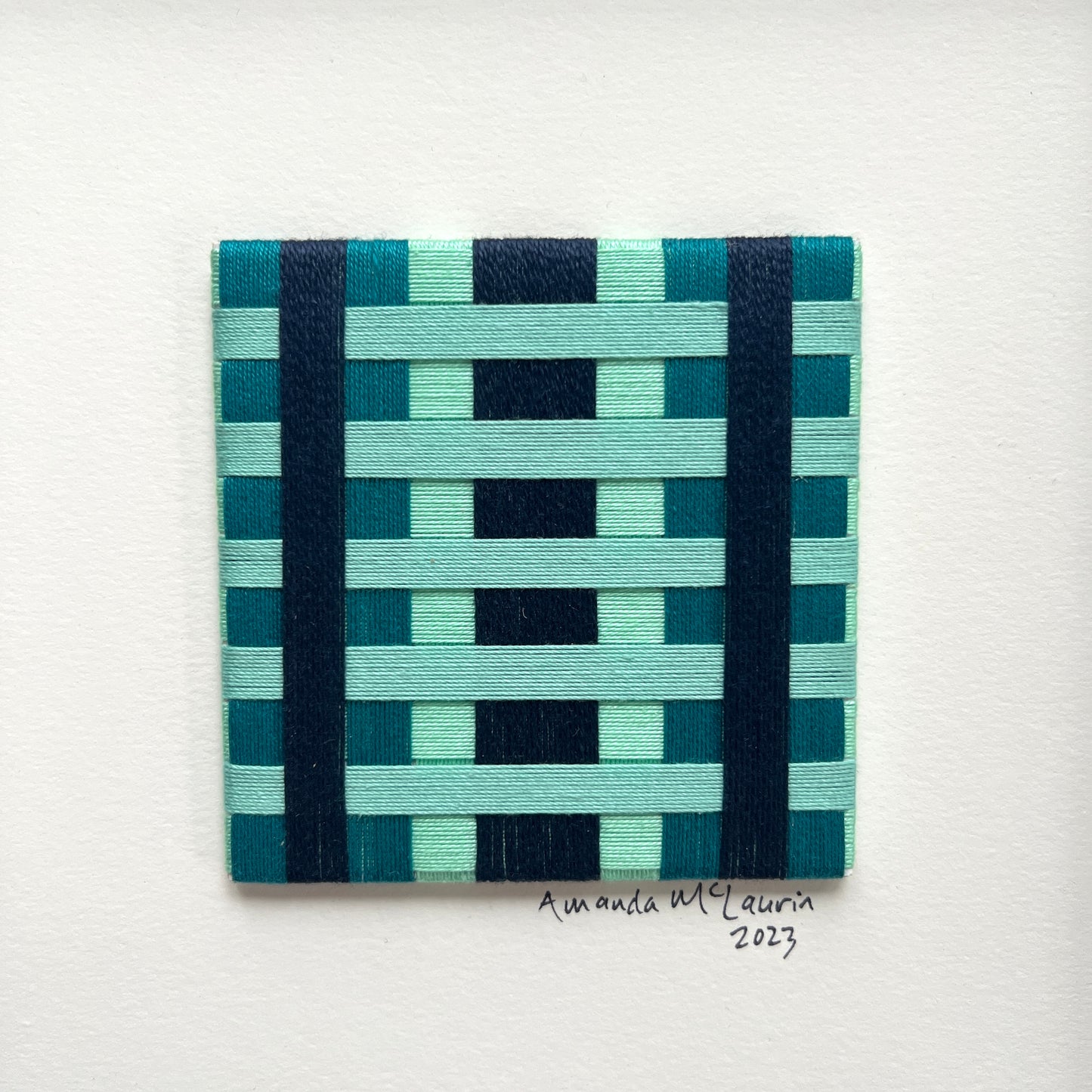 Amanda McLaurin Abstract Fiber Art Green and Navy Plaid in Gold Frame