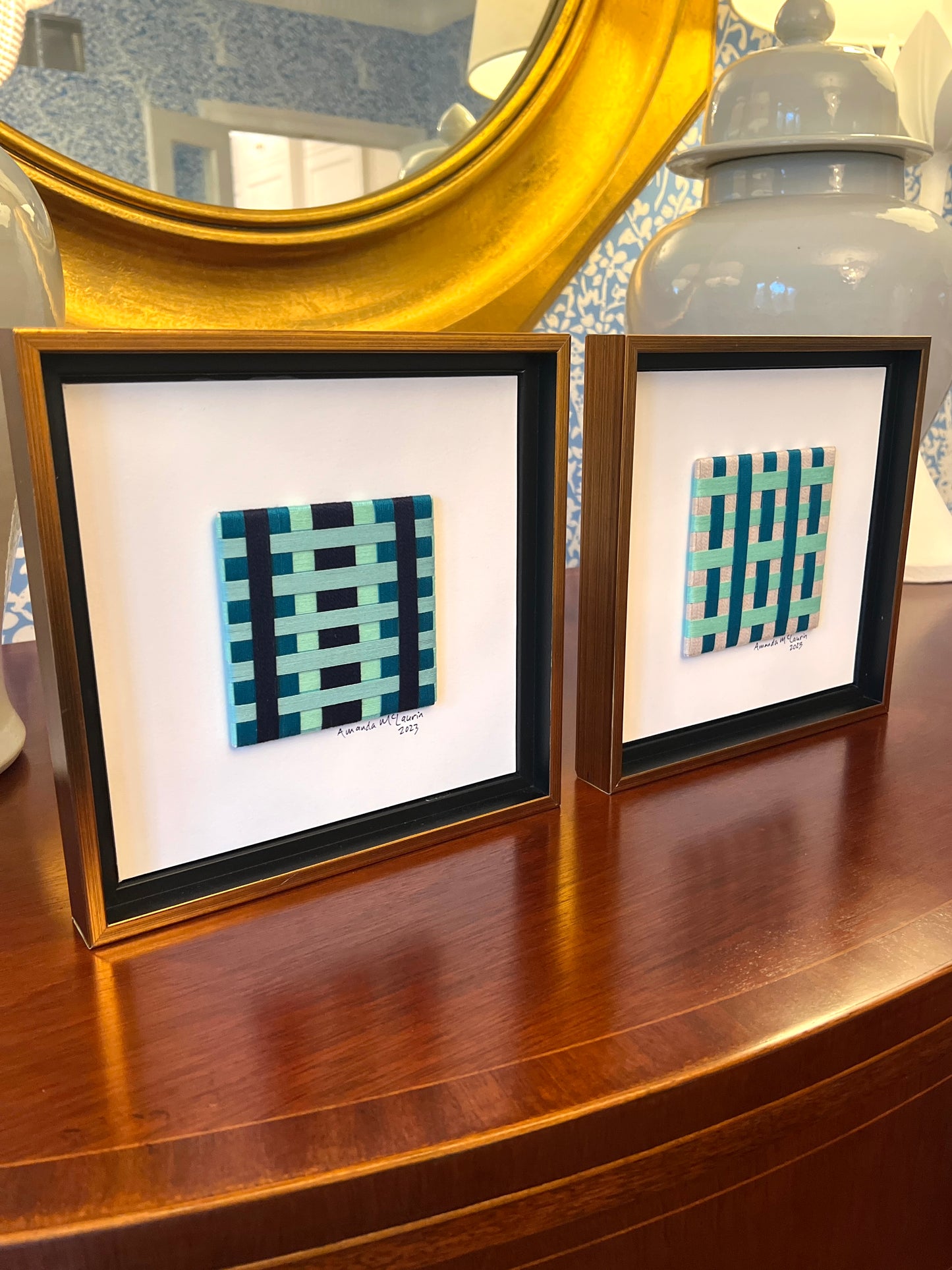 Amanda McLaurin Abstract Fiber Art Green and Navy Plaid in Gold Frame