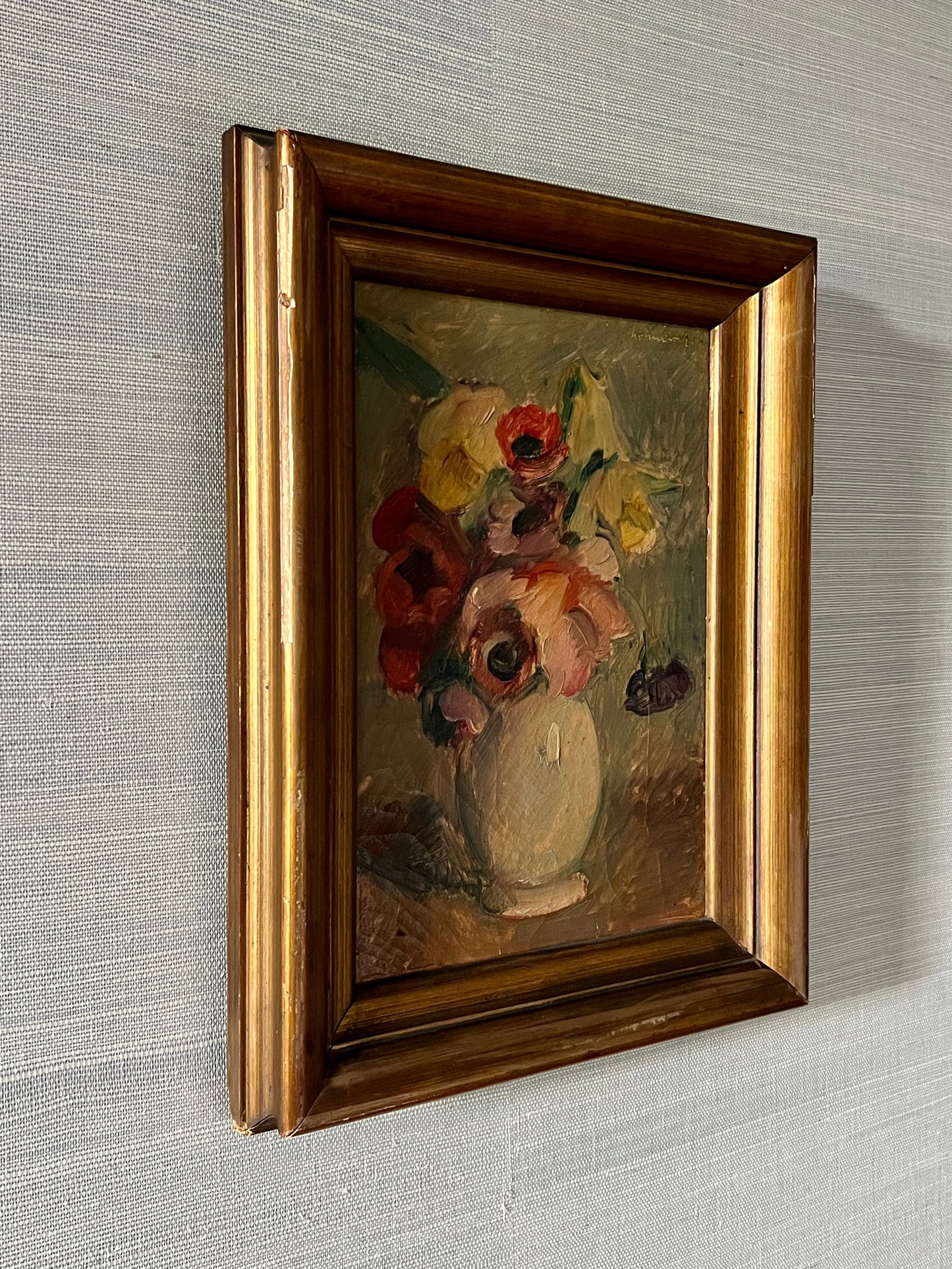 1925 Anenomes in Vase Floral Still Life Oil Painting in Original Gold Frame