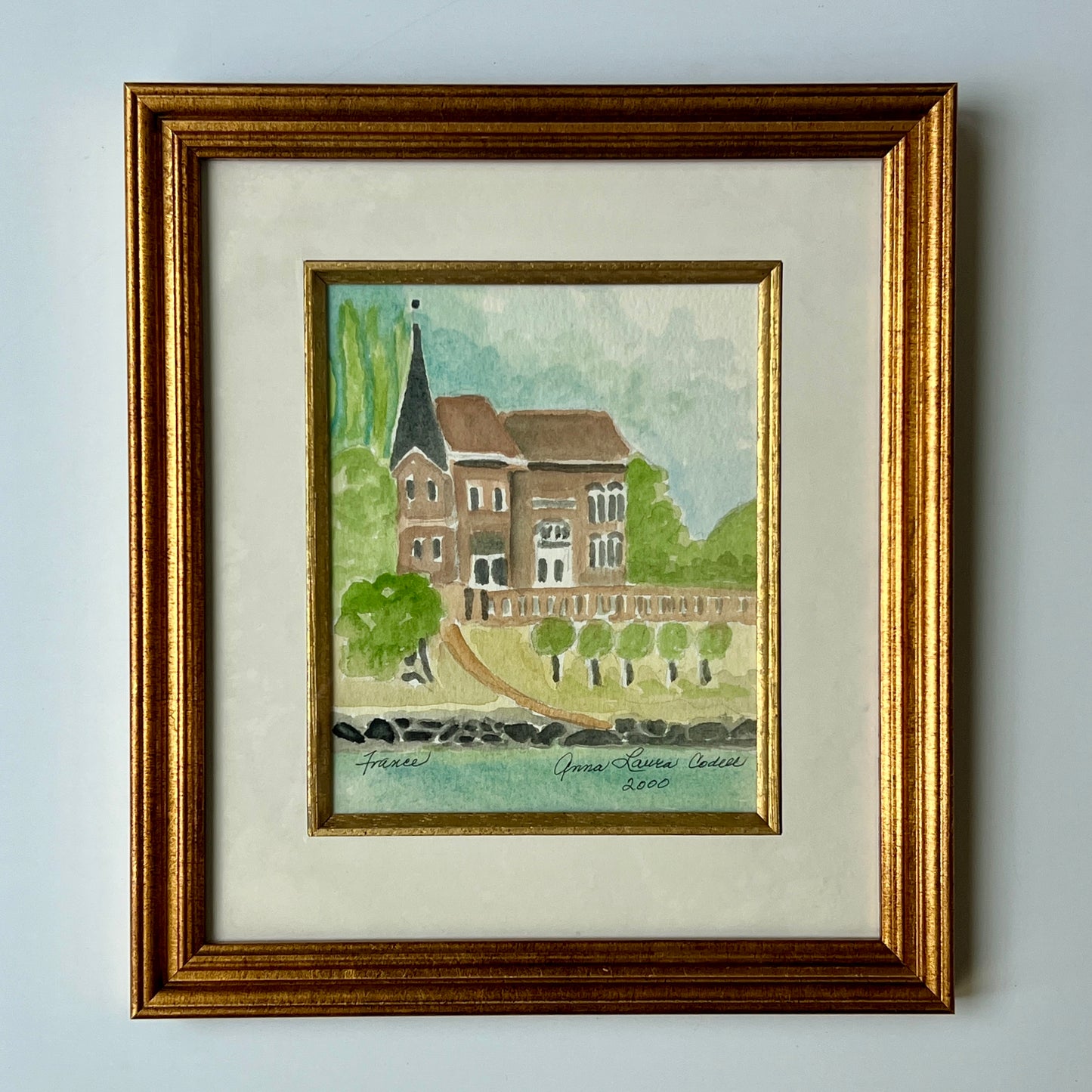 Contemporary French Chateau in the Countryside Watercolor Painting in Gold Frame