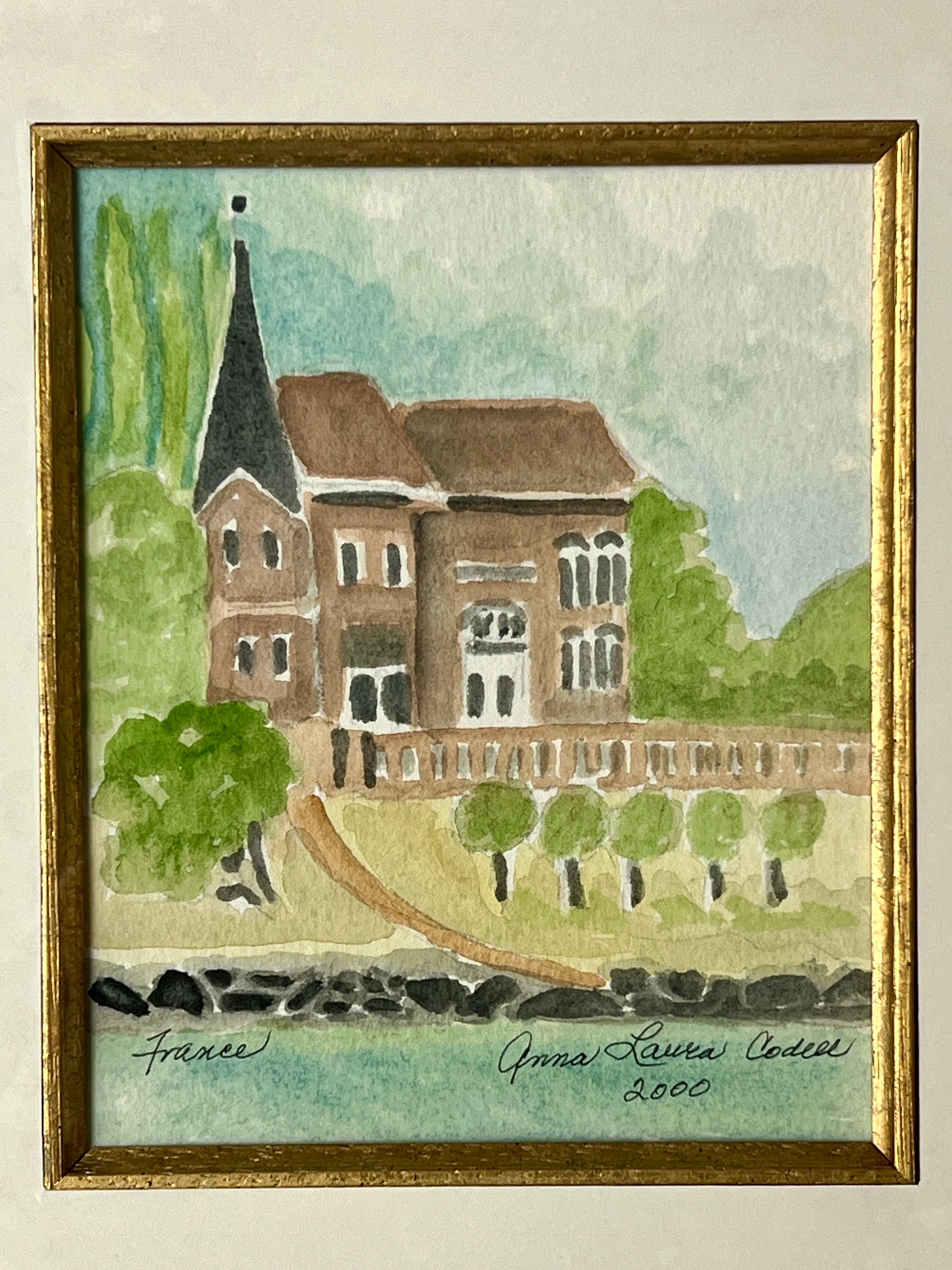 Contemporary French Chateau in the Countryside Watercolor Painting in Gold Frame