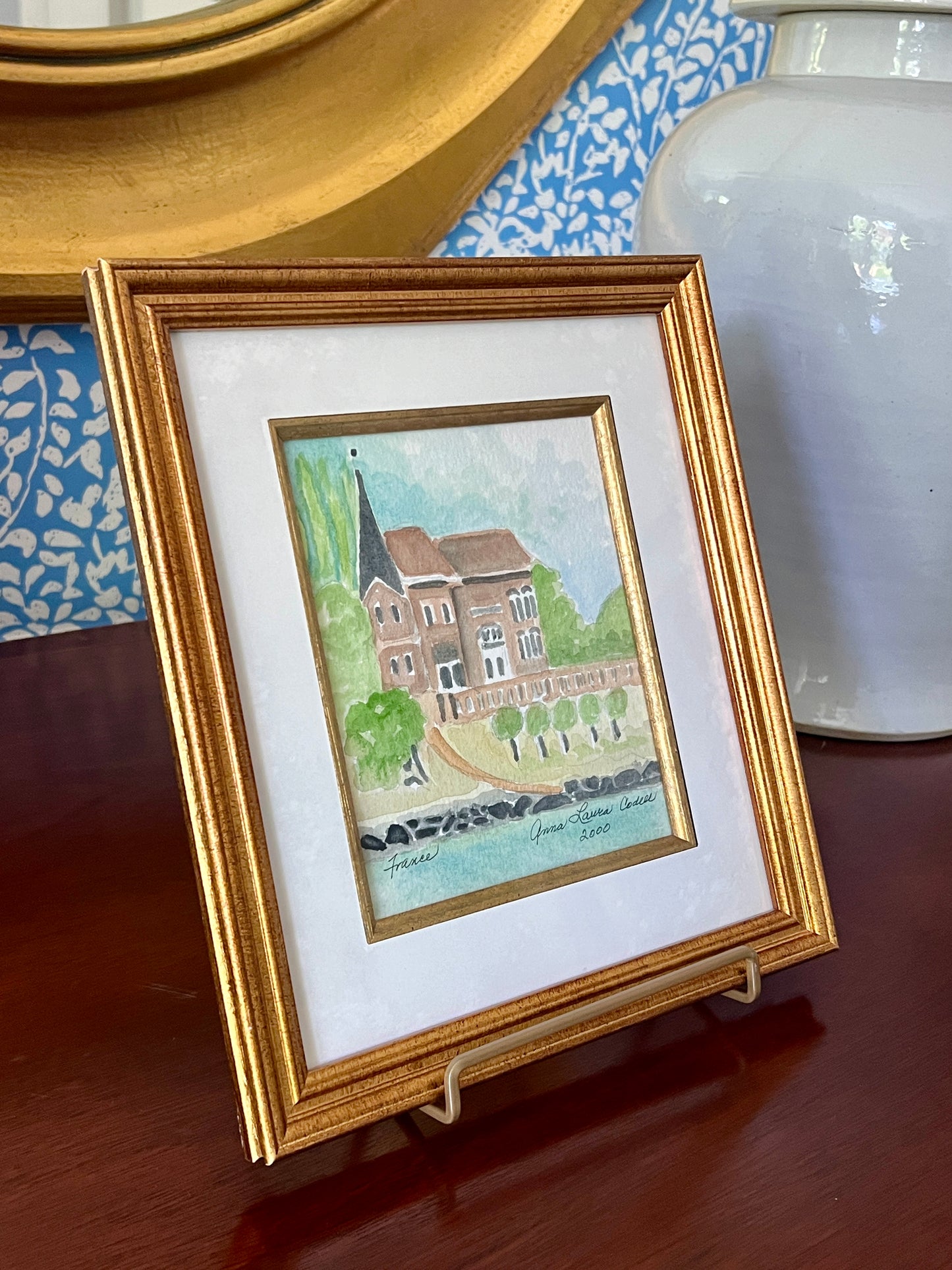 Contemporary French Chateau in the Countryside Watercolor Painting in Gold Frame