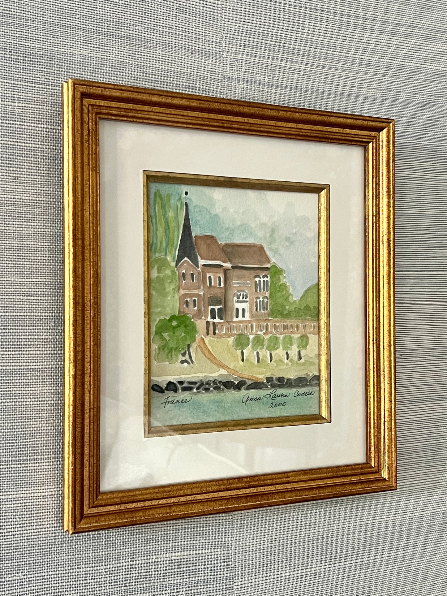 Contemporary French Chateau in the Countryside Watercolor Painting in Gold Frame