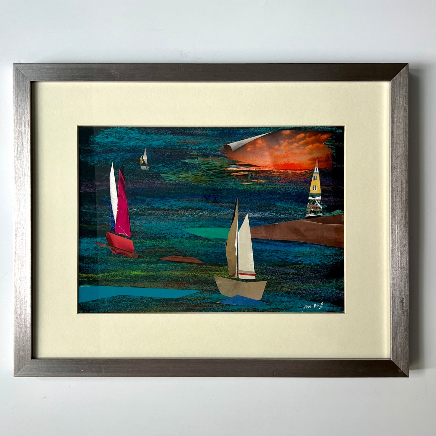 Madeleine Eyland-Legrain Fireworks "View from the Lighthouse" Mixed Media in Silver Frame