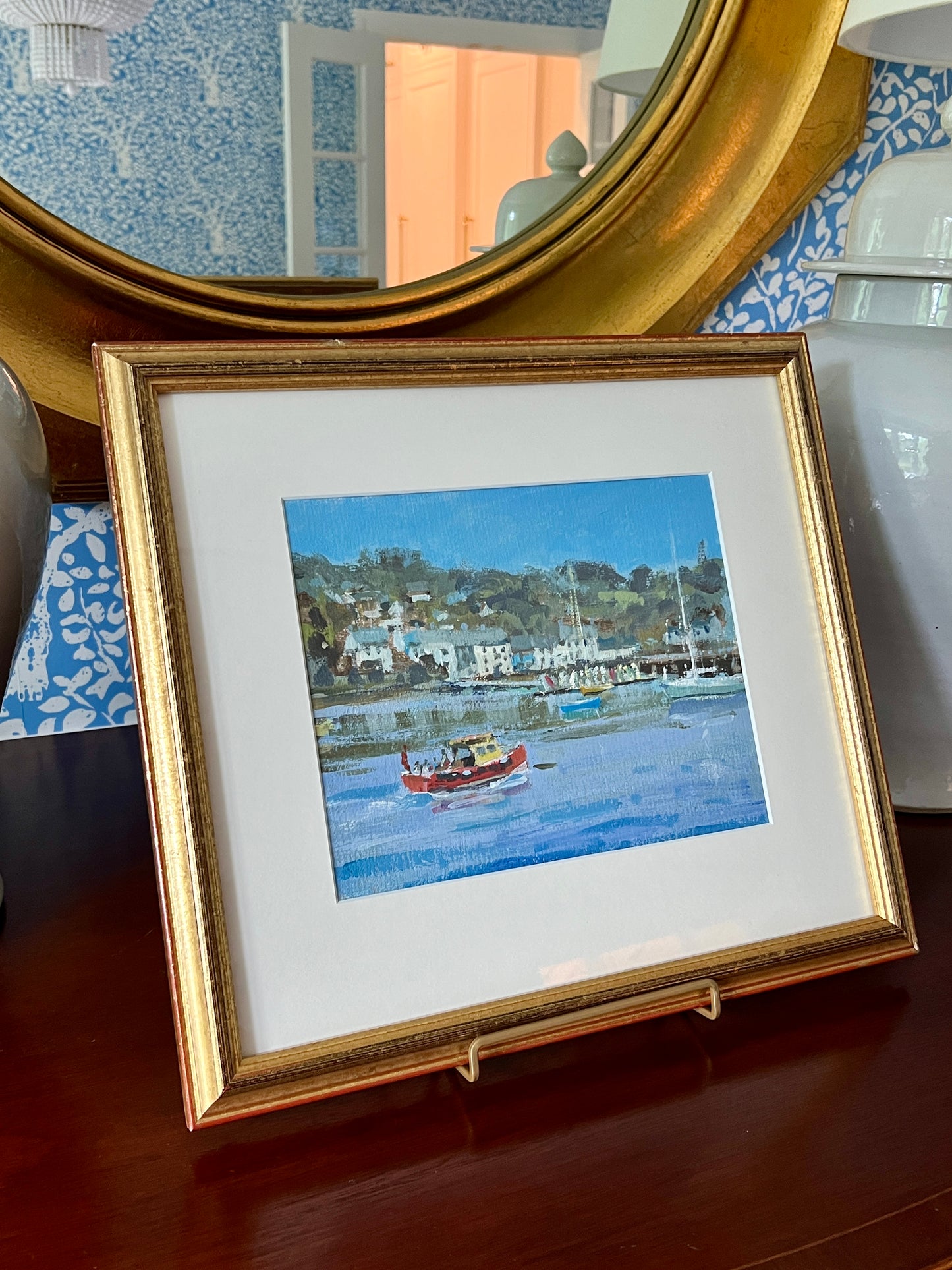 July in the Harbor Seascape in Gold Frame