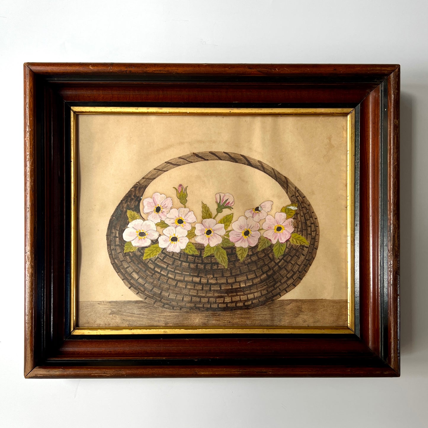 19th Century American Pink Flowers in Nantucket Style Boat Basket Folk Watercolor Painting