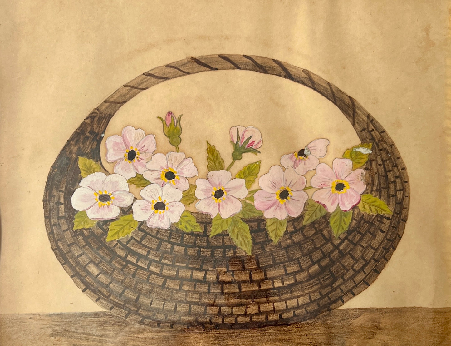 19th Century American Pink Flowers in Nantucket Style Boat Basket Folk Watercolor Painting