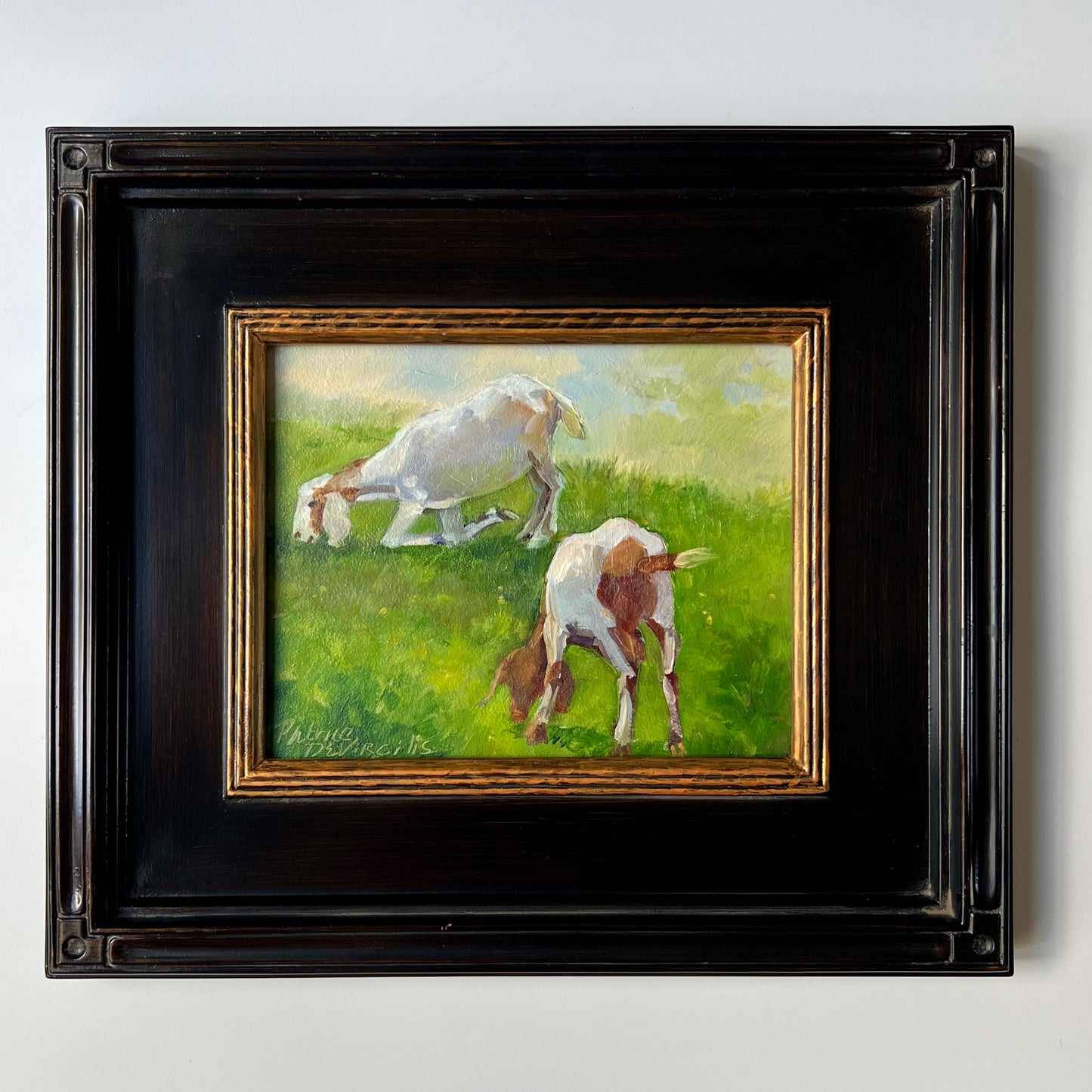 Patrice DeVirgillis Two Grazing Goats Oil Painting in Black and Gold Frame