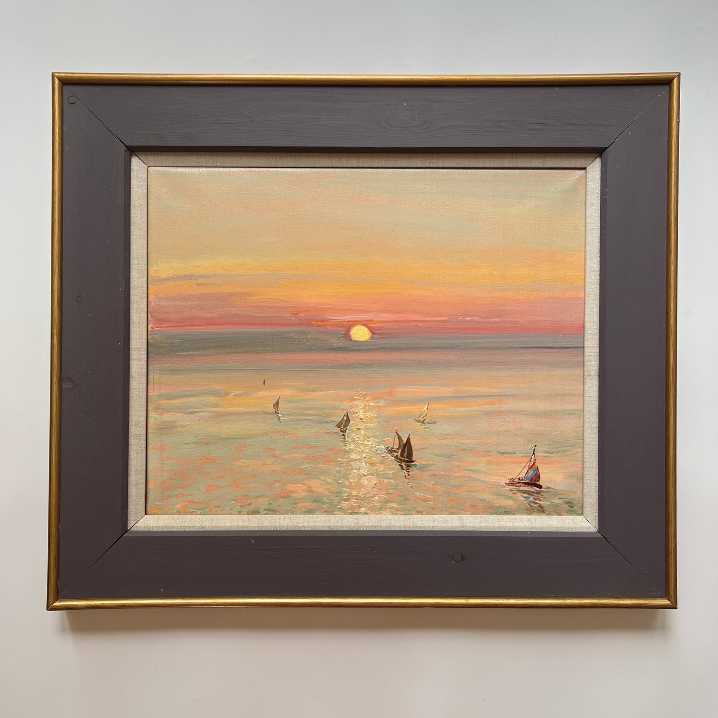 Phillipa Jacobs (b.1939) Sailboat Sunset At Sea Oil on Canvas in Navy Gold Frame