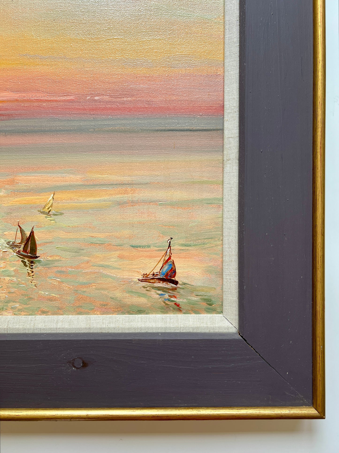 Phillipa Jacobs (b.1939) Sailboat Sunset At Sea Oil on Canvas in Navy Gold Frame