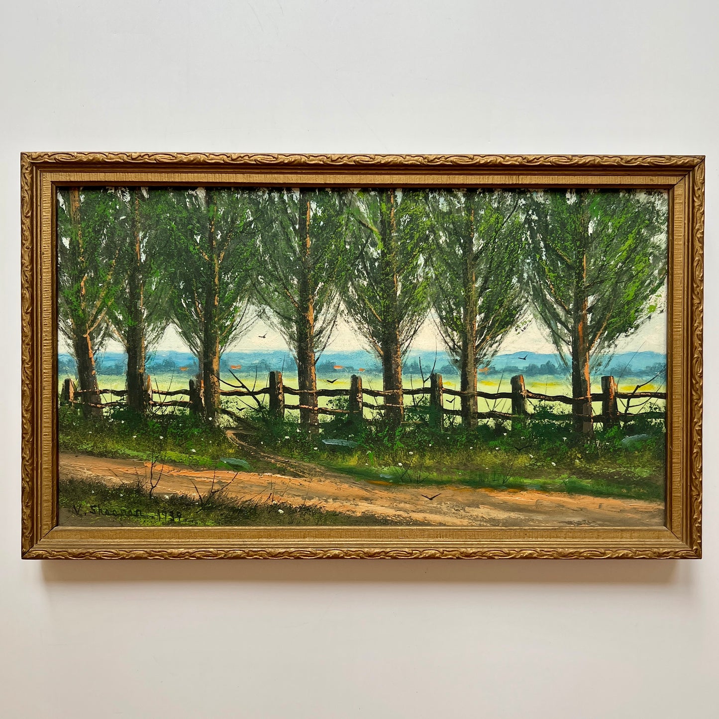 1939 Victor Shearer Tree Lined Country Road Oil Painting in Antique Gold Frame