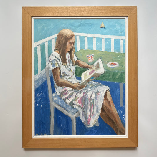 Seaside Portrait of a Girl "Trudy on the Balcony / Cannes, France" Oil Painting in Natural Wood Frame