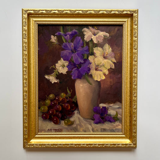 Sandra Leinonen Dunn Still Life of Irises and Fruit Contemporary Oil Painting in Gold Frame