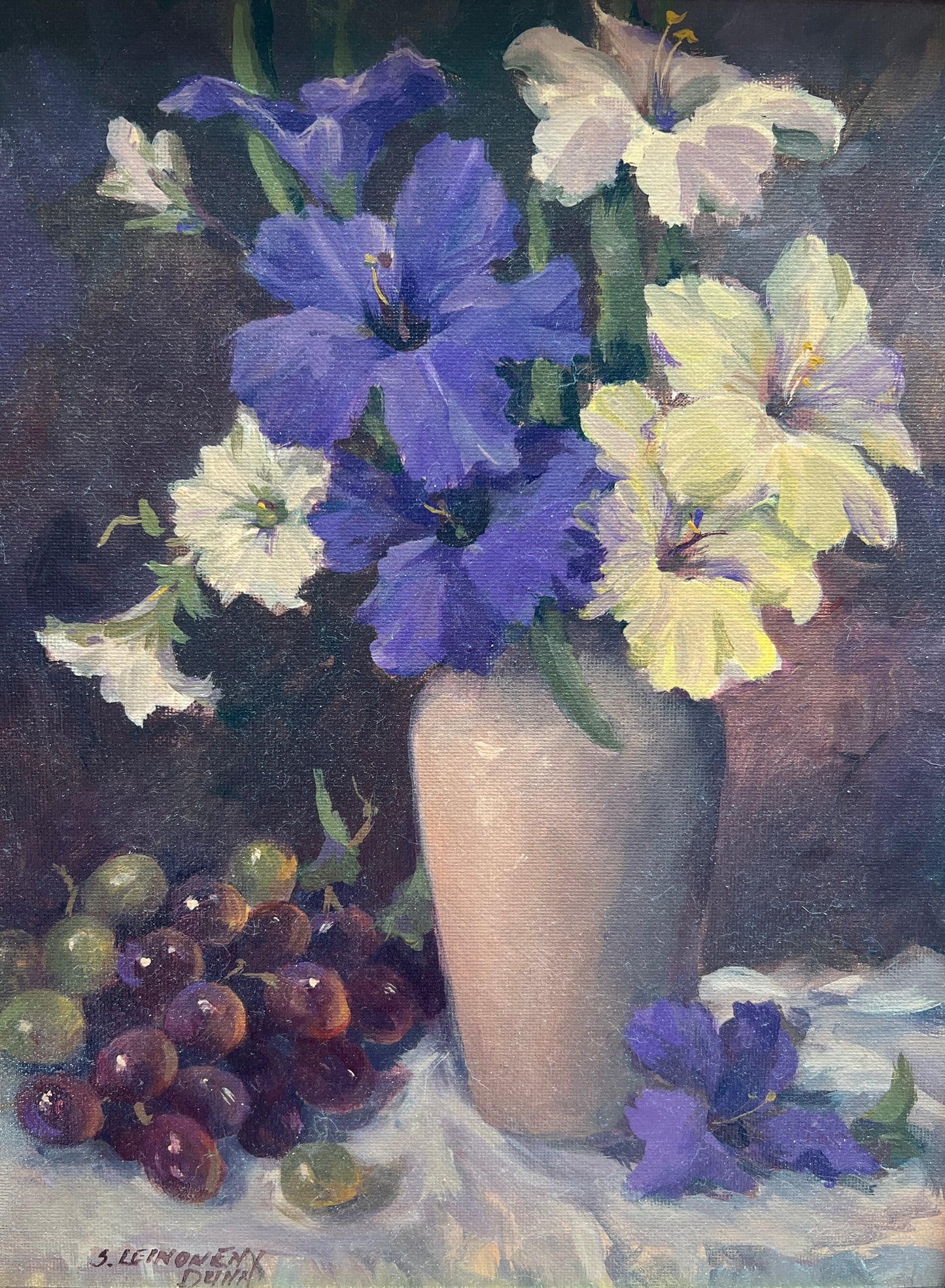 Sandra Leinonen Dunn Still Life of Irises and Fruit Contemporary Oil Painting in Gold Frame