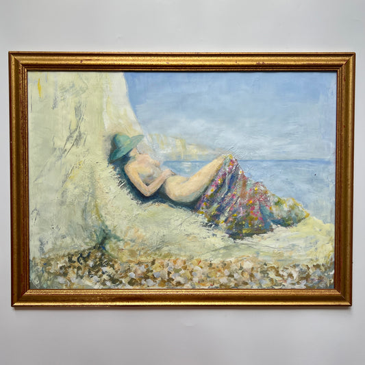 Contemporary Tranquil Nude Sunbather Oil Painting in Gold Frame