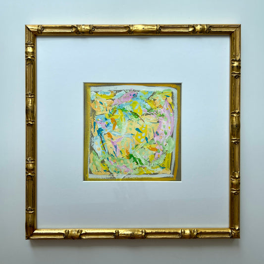 Vintage Colorful Abstract Oil Painting #7 in Light Gold Bamboo Frame