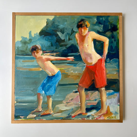 Kathleen Mack Impressionist Portrait Summer Brothers' Plunge Oil Painting in Wood Frame