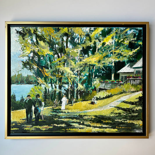 Contemporary Portrait of Plein Air Artists by the Lake in Gold and Black Frame