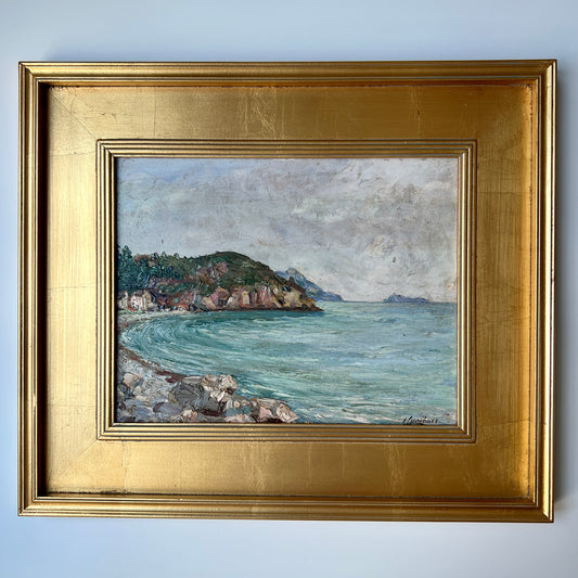 Antique French Coastal Landscape with Houses Oil Painting in Gold Frame