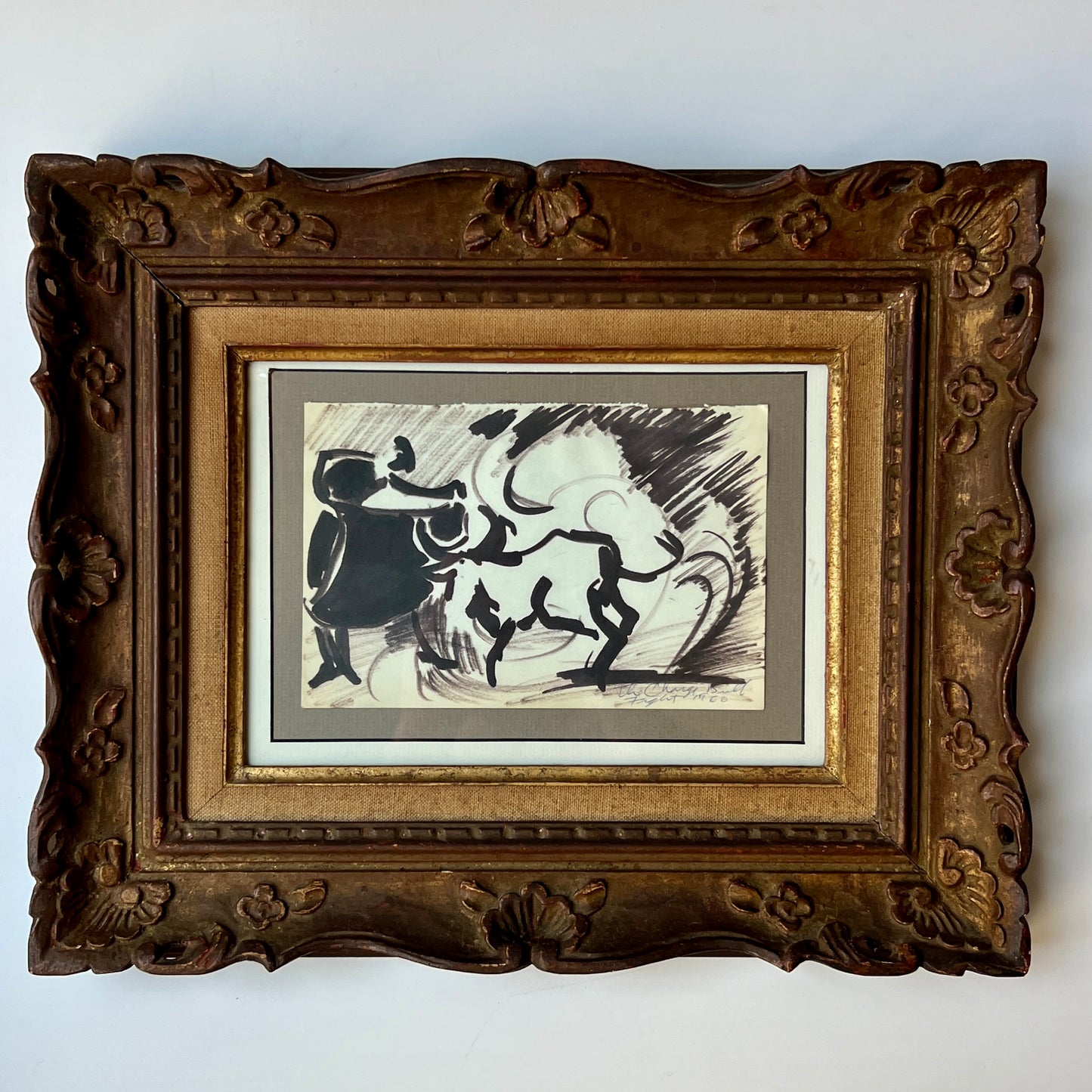 Eleanor "Nora" Hauser 1960 "The Charge: Bull Fight" Gouche in Antique Frame