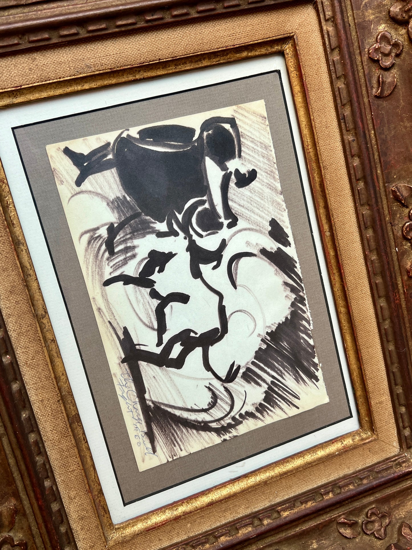 Eleanor "Nora" Hauser 1960 "The Charge: Bull Fight" Gouche in Antique Frame