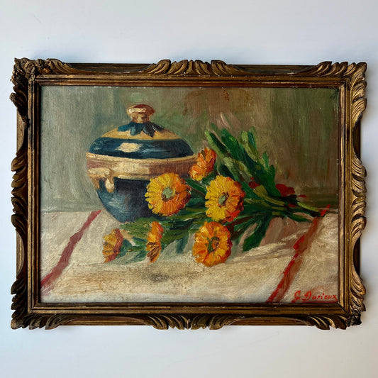 Antique French Still Life of a Blue Jar and Orange Daisies in Original Carved Gold Frame