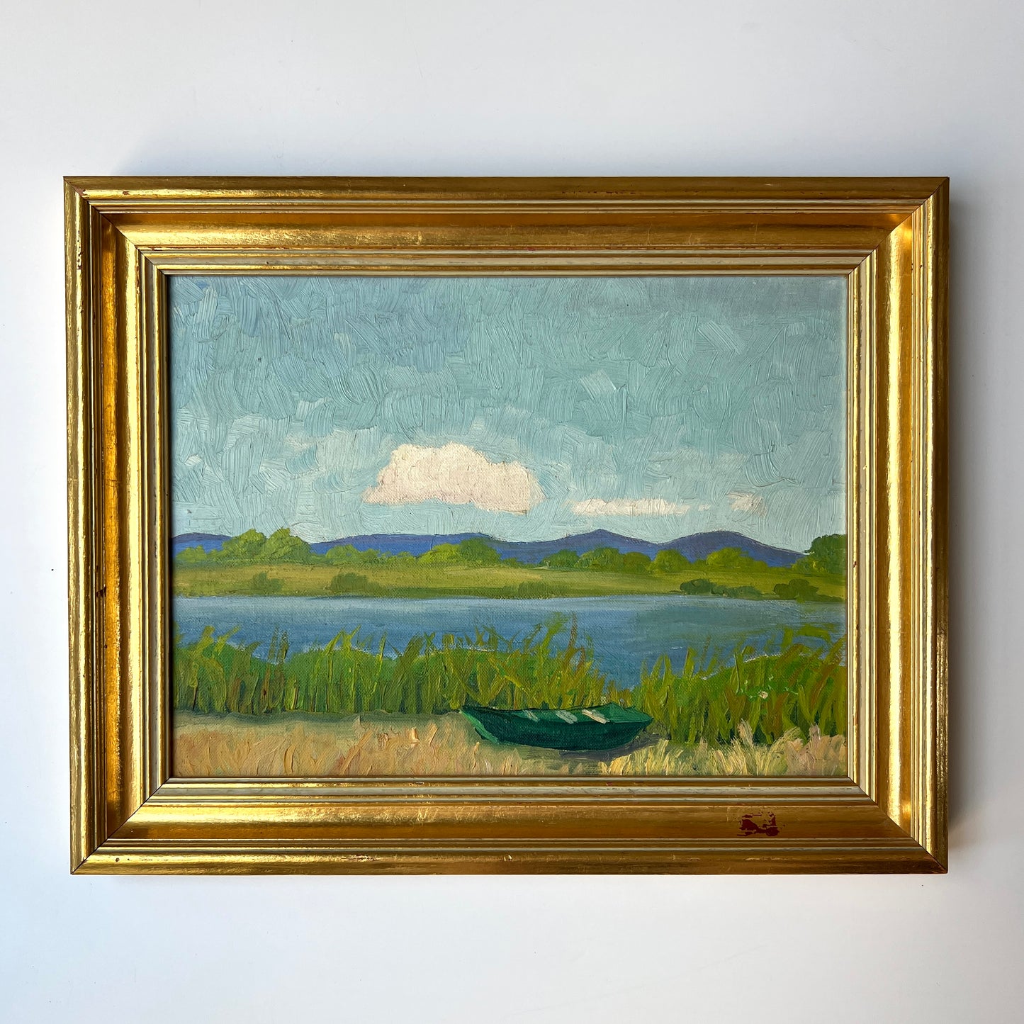 1939 Coastal American Lanscape Green Rowboat Oil Painting in Gold Frame